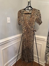 Faithfull the Brand Midi Wrap Dress US 4 Animal Print Puff Sleeve Animal Print