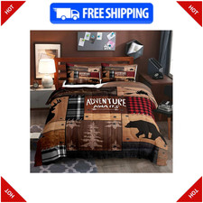 3PCS Cabin Comforter Set King Size, Rustic Farmhouse Bedding, Black Bear Deer El