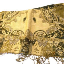 PASHMINA 55% Pashmina 45% Silk Paisley Women Shawl Wrap Gold Fringe 28 x 64 In.