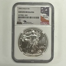 1993 $1 American Silver Eagle NGC Gem Uncirculated Mercanti Hand Signed Label.