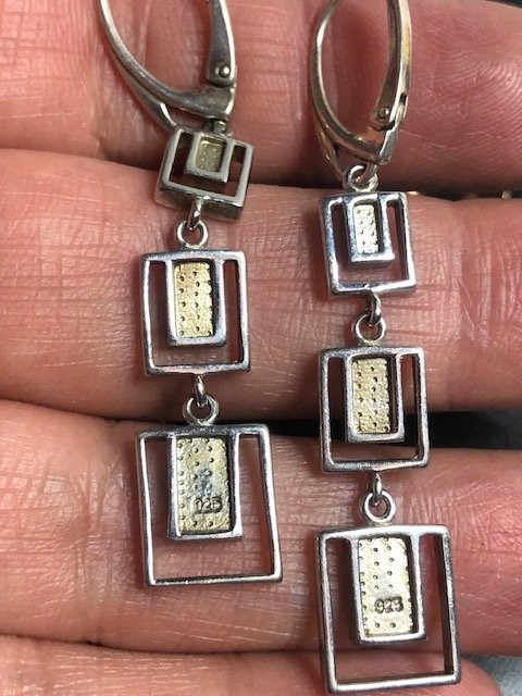 9369 Sterling Silver Opal Rectangular Drop Earrin… - image 4