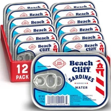 Beach Cliff Sardines in Water, Wild Caught, 3.75 oz Can, Pack of 12