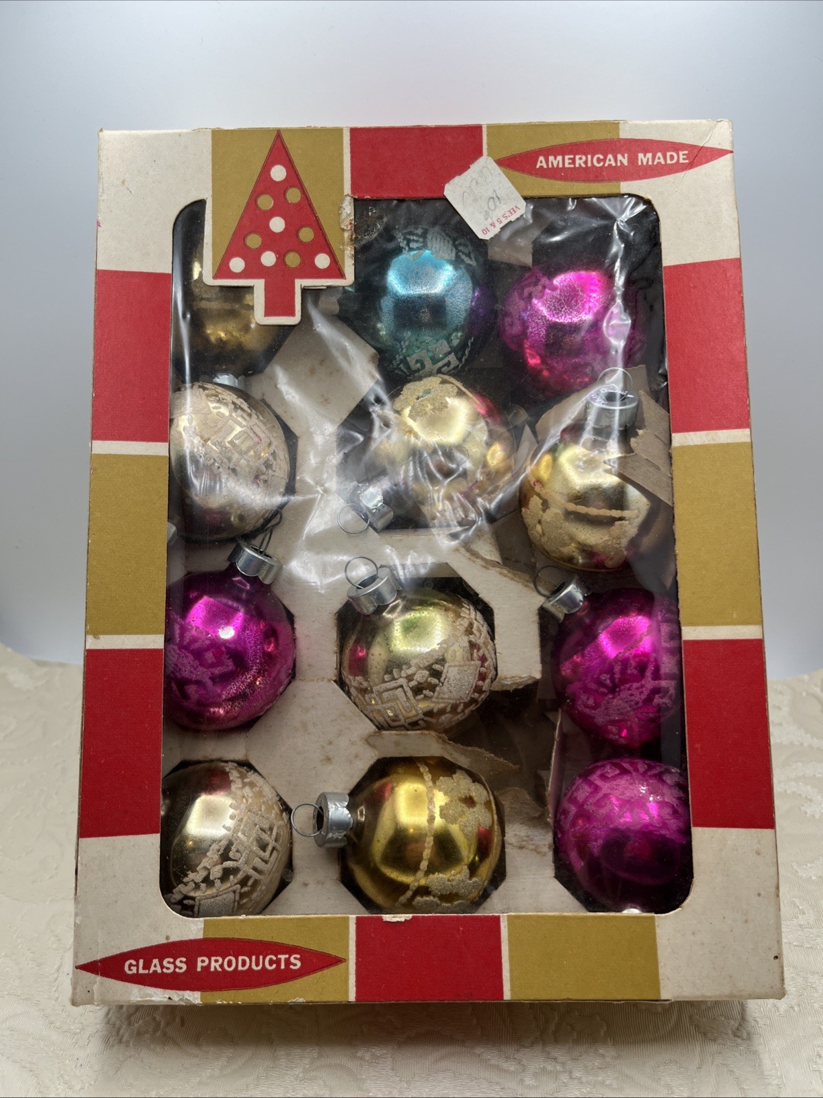 COBY Glass Ornaments Set 12 Vintage Christmas Tree Gold Fuchsia Teal ￼