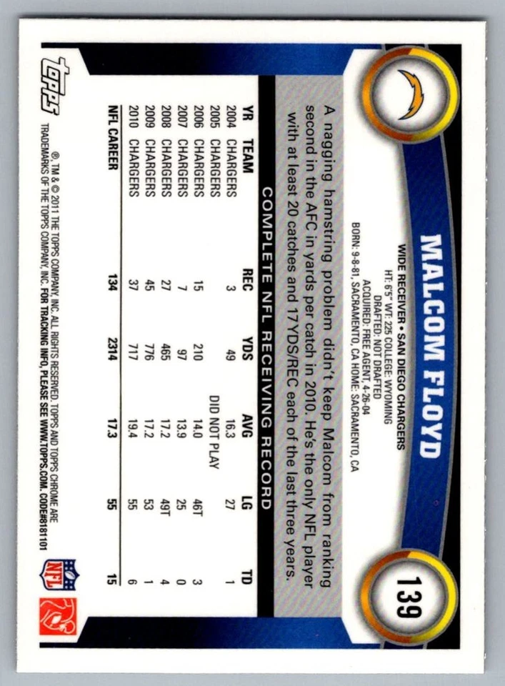 2011 Topps Chrome Malcom Floyd San Diego Chargers #139 - Image 2 of 2