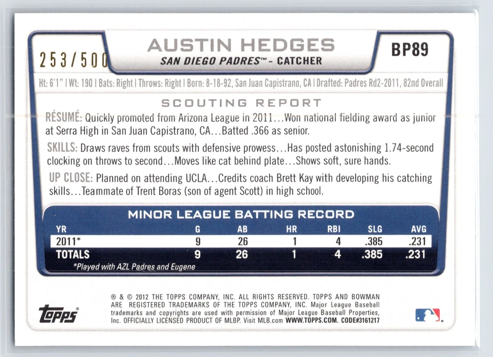 2012 Bowman Prospects Blue Austin Hedges BP89 #'d/500 - Image 2 of 3