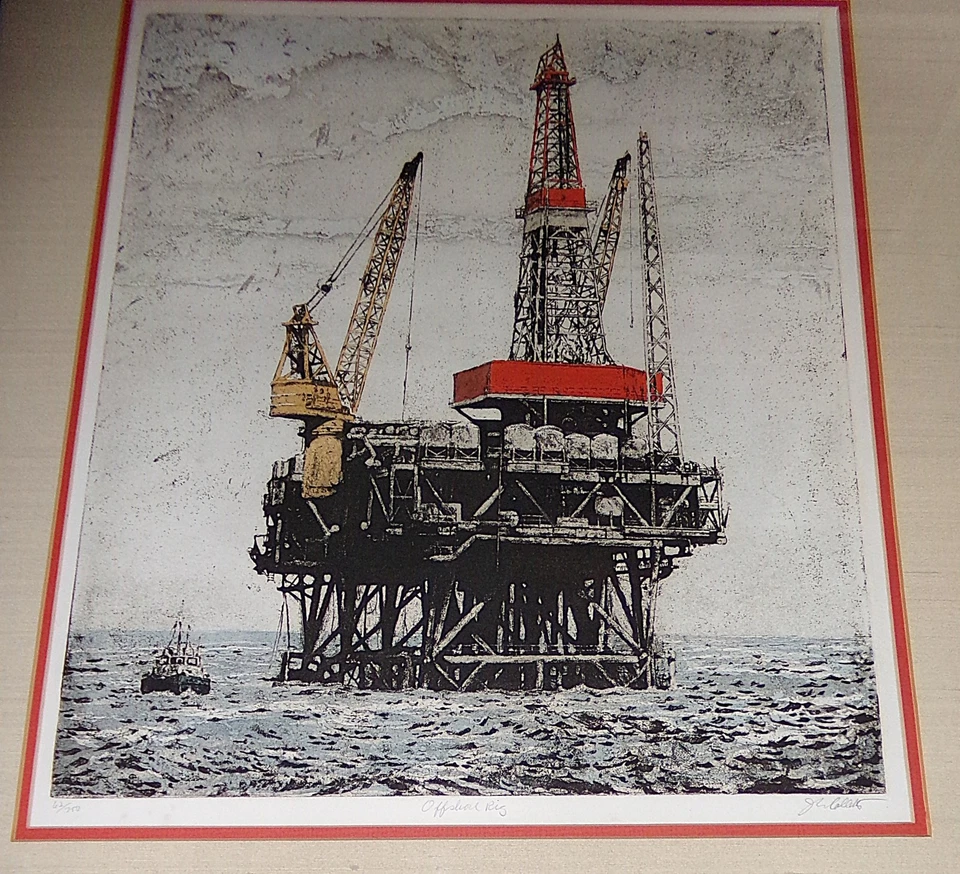 Grabado boceto John Collette "Offshore Rig" enmarcado firmado edición limitada 62/200 Foto 2 de 4
