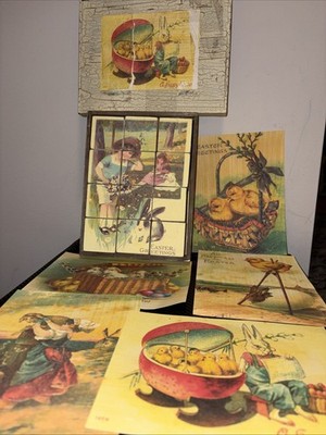 Block Puzzle ~ ''A Happy Easter'' ~ 12 Paper Covered Wood Blocks w/ Posters ~ Used