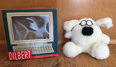 Vtg Dogert Dilbert White Plush Dog Stuffed Animal Dogbert Box Comic Scott Adams
