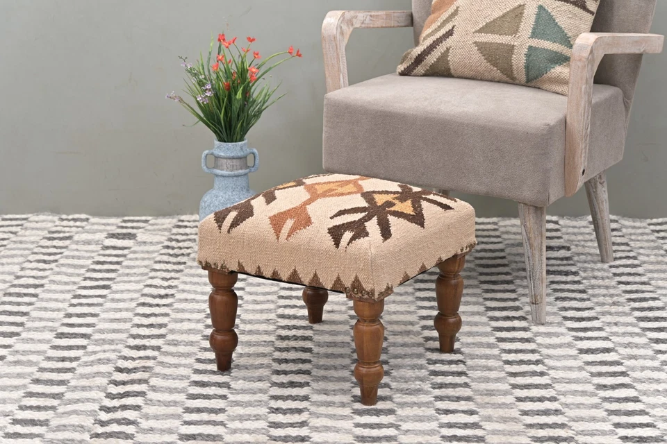Handcrafted Acacia Wood Stool | Decorative Kilim Upholstered Pouf Footstool - Image 2 of 4