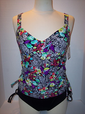 24th & Ocean Floral Tankini + Black Cinched Bikini Brief Size S Swimsuit NWT $65