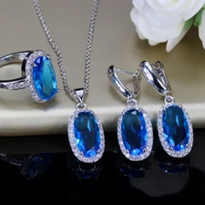 Women Gorgeous Silver Plated Big Oval Cut Cubic Zirconia Jewelry Set for Wedding