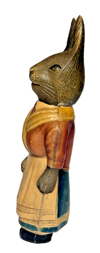VISCOLOID CELLULOID EASTER BUNNY RABBIT WEARING APRON w/ RATTLE 6"T - Picture 3 of 9