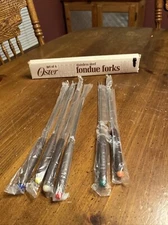 New - Oster Fondue Forks Set -  6 Stainless Steel Teak Wood Handle Color Coded