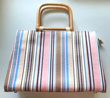 TALBOTS Handbag GROSGRAIN RIBBON Double Bamboo Handles Striped Pockets Lined