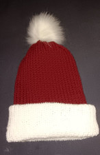 Adult handmade Knit Hat Beanie with removable faux fur Pompom Maroon and White