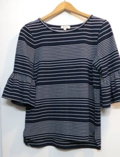 Max Studio Shirt Womens Medium Navy Blue White Striped Bell Sleeves Boho Top