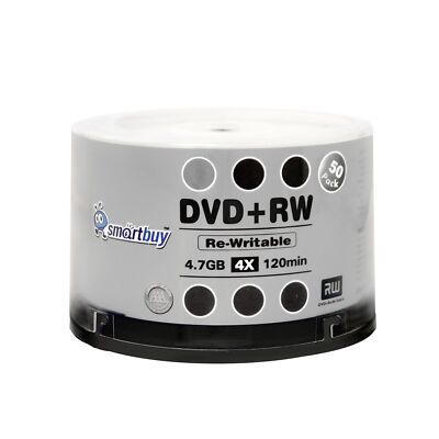 100 Pack Smartbuy Blank DVD+RW 4X 4.7GB 120Min Branded Logo Rewritable DVD Me...