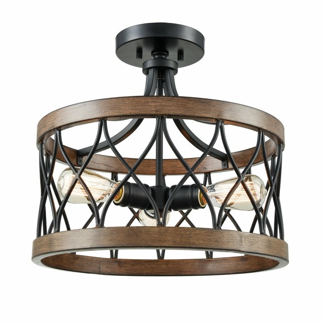 Danxu Lighting 3 Light Drum Shade Semi Flush Mount Burled Walnut