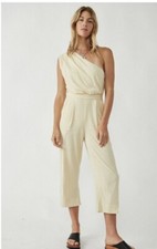 Free People Avery Jumpsuit One Shoulder Wide Leg Pocket Cream Zip Medium 10 NEW