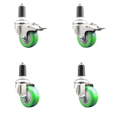 3 Inch 316SS Green Poly Swivel 1-1/4 Inch Expanding Stem Caster Set 2 Lock Brake
