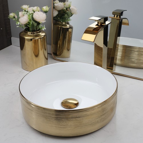 US Round Bathroom Sink Golden Ceramic Basin Waterfall Spout Deck Mount Brass Tap - Picture 3 of 6