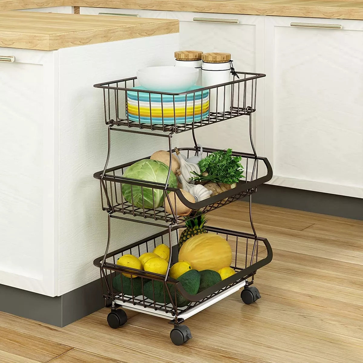 4-Tier Stackable Kitchen Metal Mesh Storage Fruits and Vegetables Organizer  Basket Rack Shelf Cart with Wheels and handle