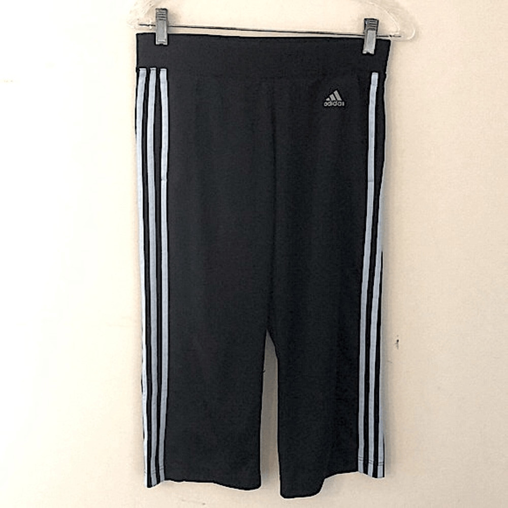 Pantalones de pista para mujer Adidas negros recortados pierna ancha doble azul pierna exterior rayas S