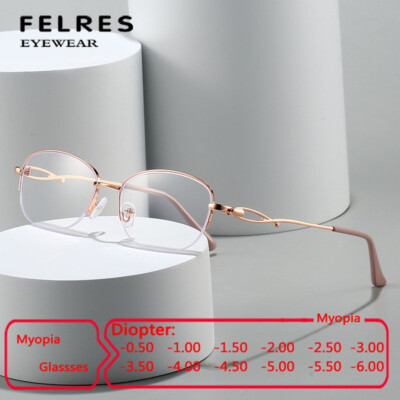 Metal Oval Anti Blue Light Nearsighted Glasses Women Half Frame Myopia Glasses 