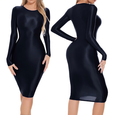 DE Damen Glossy Kleid Langarm Bodycon Kleider Glänzend Sexy Casual Clubwear