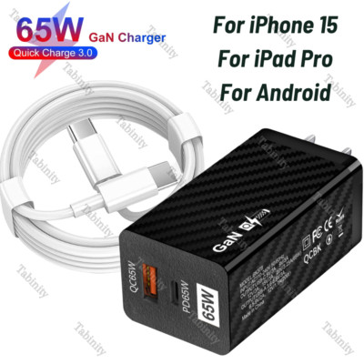 65W GaN USB Type C Fast Wall Charger Adapter PD Cable For MacBook iPhone 15 Pro