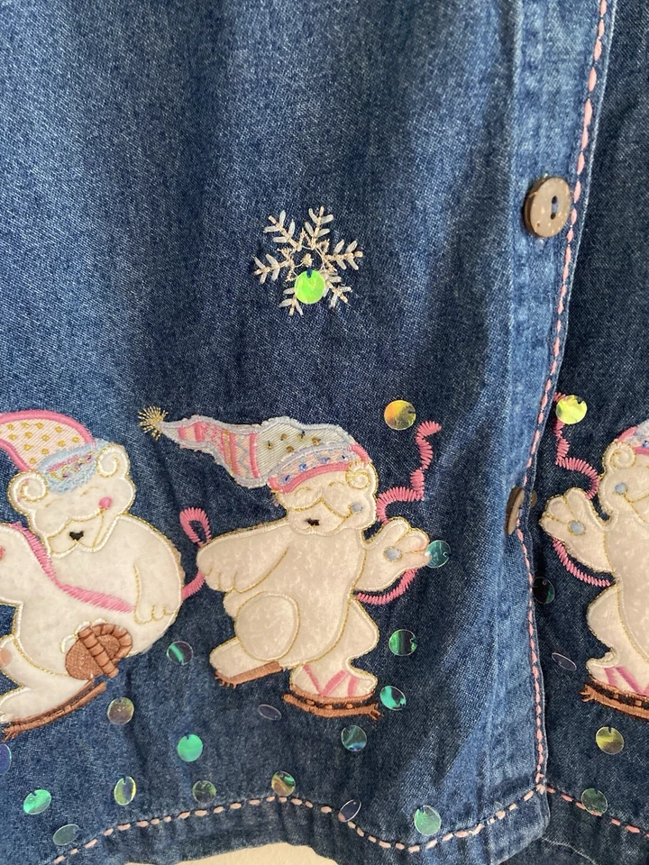 复古 Dressbarn 牛仔衬衫 1X 北极熊 Iceskate 冬季雪花假日 — 第 3/4 张图片