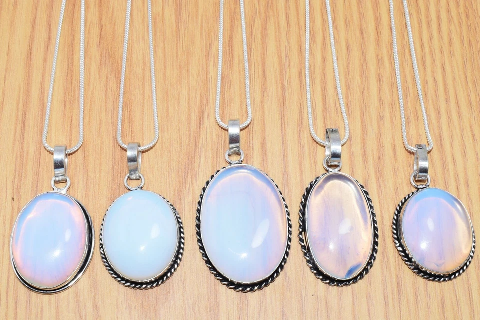 Lotes de 5 piezas colgantes con cadena con piedras preciosas de opalita enchapadas en plata 925 al por mayor Foto 4 de 4