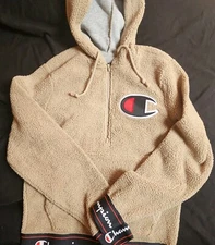 Champion Ltd S Sherpa Deep Pile Fleece Hoodie Big C Sweatshirt 1/2 Zip Tan SM