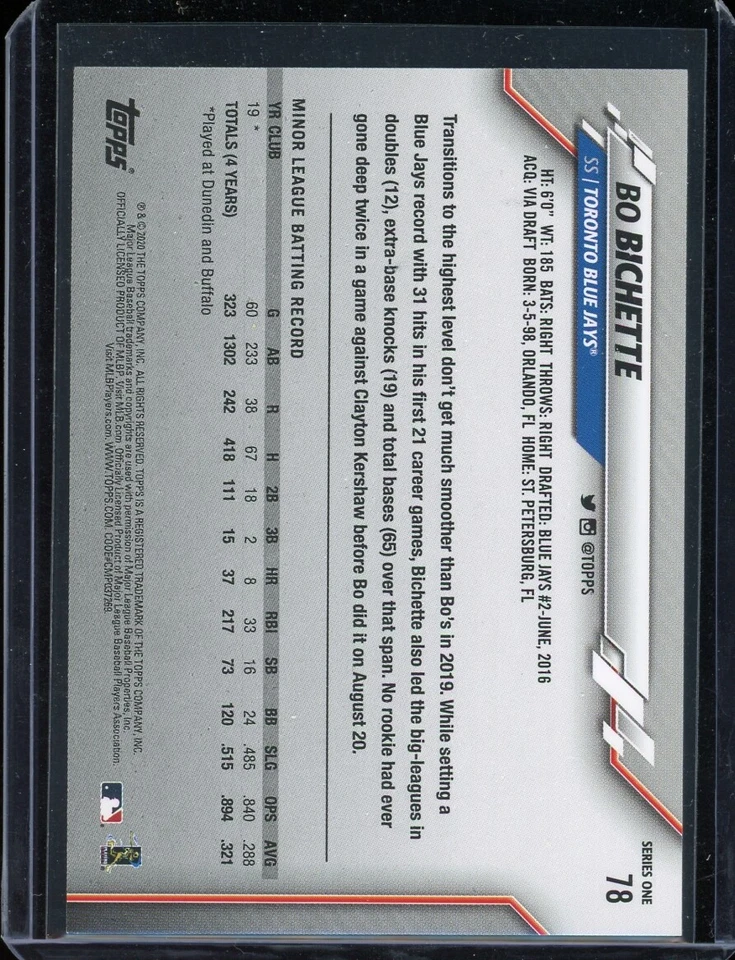 2020 Topps "Series 1" BO BICHETTE rookie rc MINT! - Image 2 of 2
