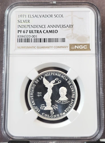 1971 EL SALVADOR SILVER 5 COLONES INDEPENDENCE ANNIVERSARY NGC PF 67 ULTRA CAMEO