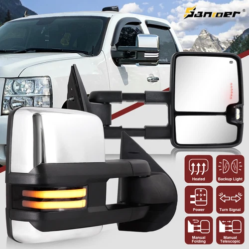 2007-2014 Chevy Silverado GMC Sierra Chrome Tow Mirrors with Switchback LED L+R