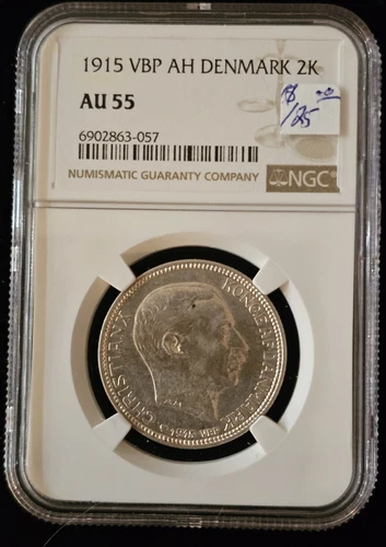 Denmark 1915 VBP AH Silver 2 Kroner Accession of Christian X NGC AU-55