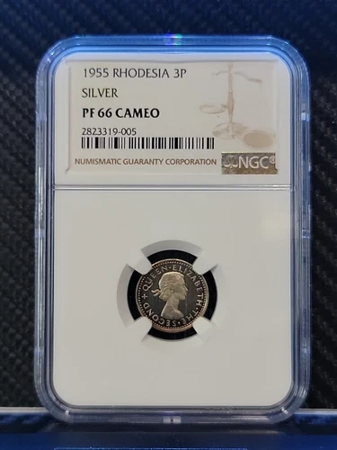 1955 NGC PF66 CAMEO PROOF SILVER RHODESIA & NYASALAND 3P THREE PENCE THREEPENCE