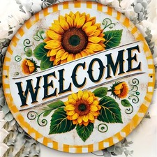 Rustic Sunflower Welcome Round Tin Metal Signs Home D cor 8x8