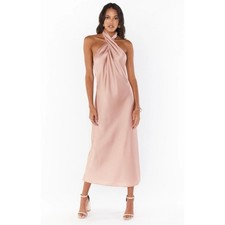 show me your mumu jasmine halter midi dress rose gold luxe satin, women xx-small
