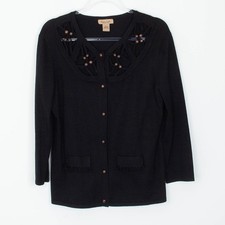 Peck Peck Weekend Black Embellished Cutout Button Front Cardigan Sweater XL