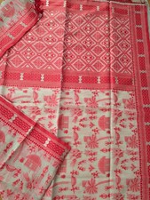 Handloom Khadi Cotton Saree Red White Weaving Zari Tasselled Running Blouse