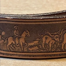 Tex Tan vintage USA made brown Leather Western Tooled buckle belt. 26
