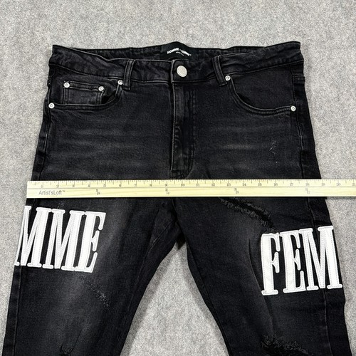 Homme Femme Patched Distressed Jean Men's Size 34 (Actual Fits W34.5xL30) Black - Picture 9 of 24