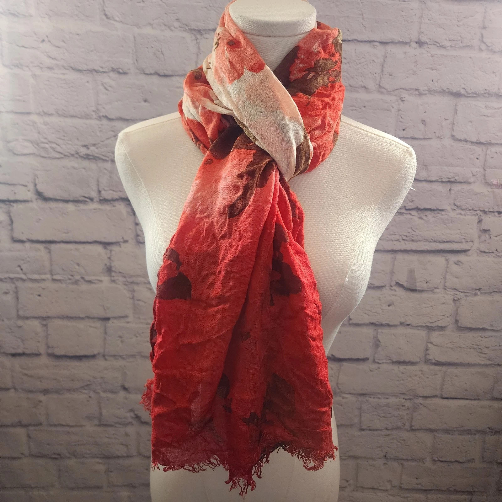 J. Jill Red And Brown Floral Print Scarf NWT