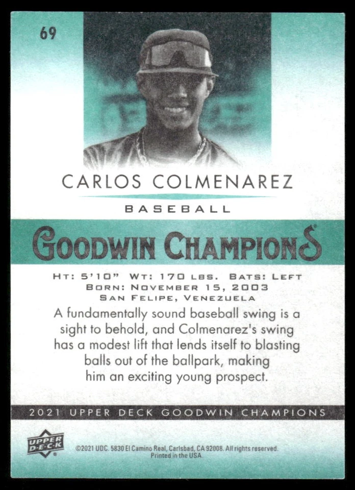 2021 Upper Deck Goodwin Champions #69 Carlos Colmenarez Turquoise - Image 2 of 2