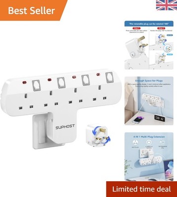 Gepflegte 4-fach Verlängerungssteckdose mit 180° drehbarem Stecker & energiesparenden Schaltern