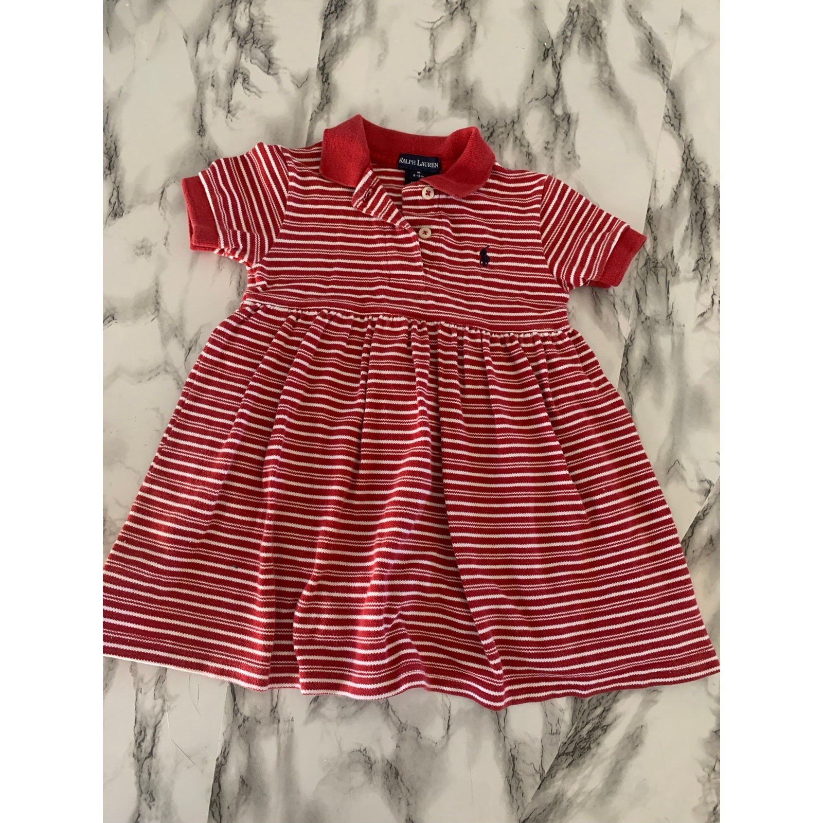 Ralph Lauren Baby Girl Red White Stripe Polo Dress Built-In Bodysuit 6-12M
