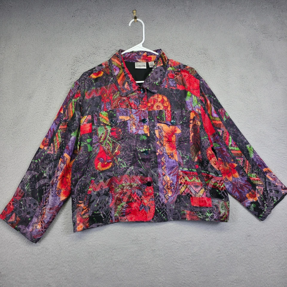 Jaqueta Chicos Feminina 2 L 12 Linho de Seda Arte para Usar Declaração Abstrata de Patchwork - Imagem 2 de 4