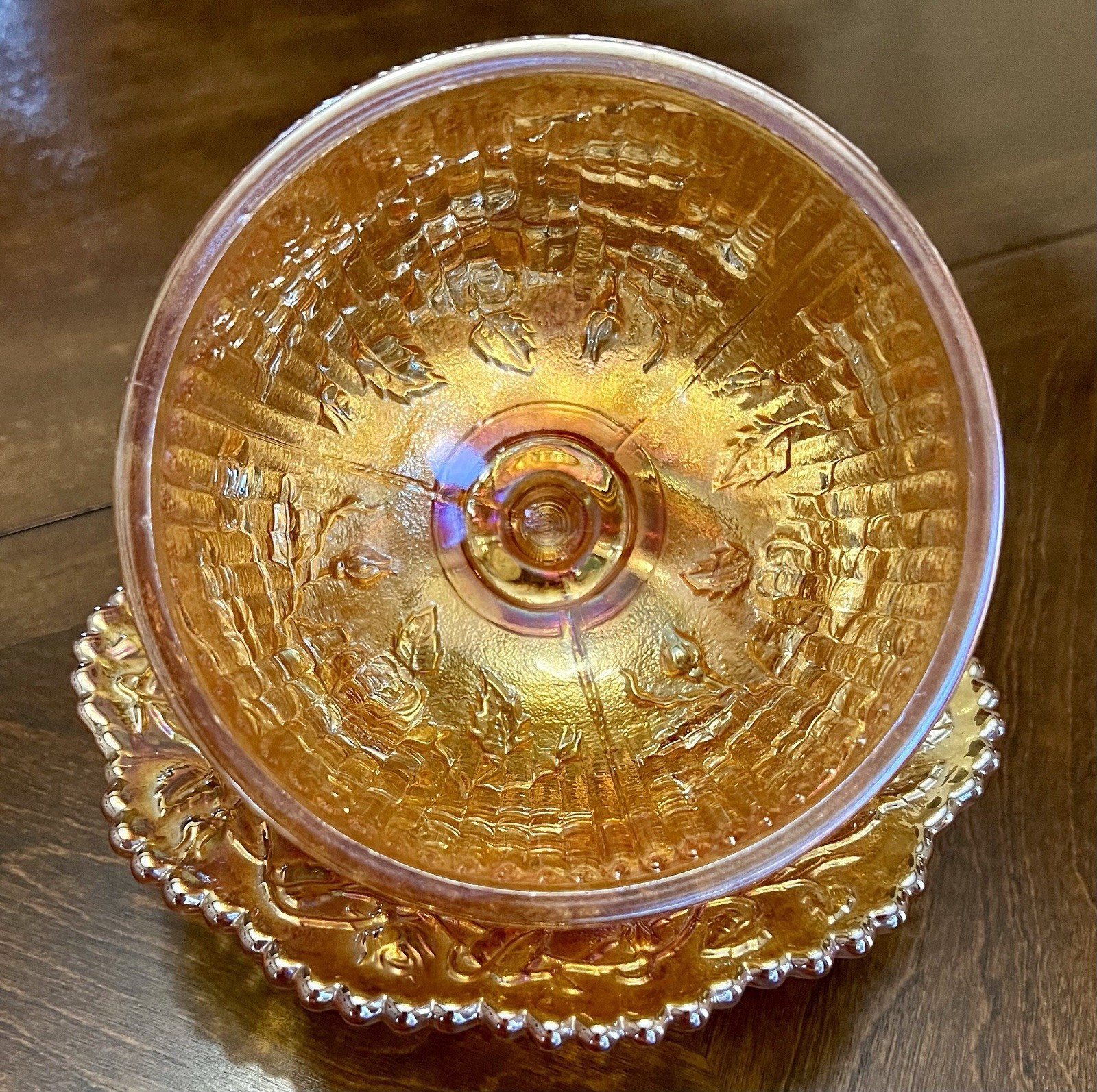IMPERIAL CARNIVAL GLASS Round Covered Butter Dish 1910 Open Rose Marigold